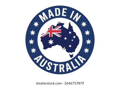 Made in Australia Etiqueta com mapa australiano e bandeira simbolizando qualidade e origem isolada no fundo branco para