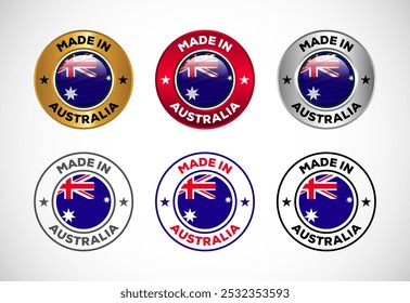 Made in Australia label icon with flag. Icon set for business, badge, seal, sticker, logo, and symbol