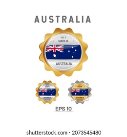 Made in Australia Label, Stamp, Badge oder Logo. Mit der Nationalflagge Australiens. Auf Platin-, Gold- und Silberfarben. Premium- und Luxus-Emblem
