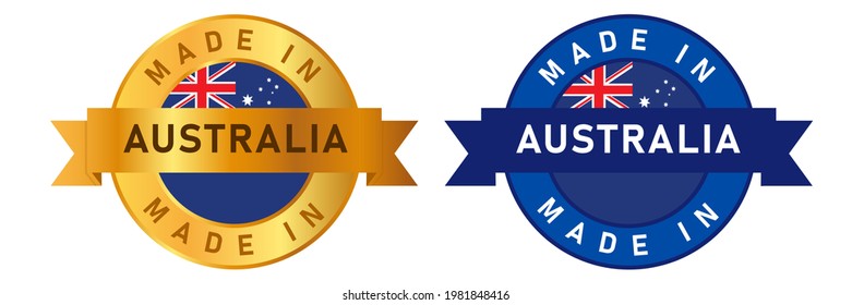 Made in Australia label stamp for product manufactured by Australian company seal golden ribbon and flag