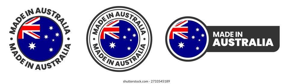 Made in australia labels, stamps, badges with australian flag template icon set
