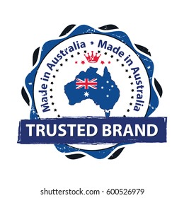 Made in Australia, Premium quality, because we care  - stamp / label / icon with the map and flag of Australia. Print colors used
