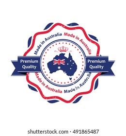 Made in Australia, Premium Quality - label / stamp / badge with the Australian map and flag on the background