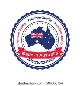 Made in Australia, Premium Quality - label / stamp / badge with the Australian map and flag on the background
