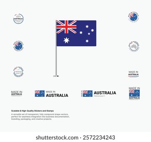 Made in Australia Stamps, Flag, Tags, labels, Seals, Icons. Creative Designs for Branding and Packaging