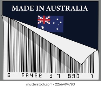 Made in Australia text and their country flag sign with half scrolled barcode label design. Isolated on gray background.