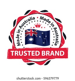 Made in Australia, trusted brand - label / stamp / badge with the Australian map and flag on the background