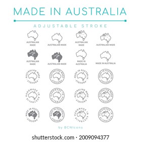 Made in Australia Vector Line Icon Set. Australian Made Badge Symbols. Australia Outline Icon Pack.