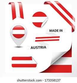 Made in Austria collection of ribbon, label, stickers, pointer, badge, icon and page curl with Austrian flag symbol on design element. Vector EPS10 illustration isolated on white background.