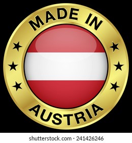 Made in Austria gold badge and icon with central glossy Austrian flag symbol and stars. Vector EPS 10 illustration isolated on black background.