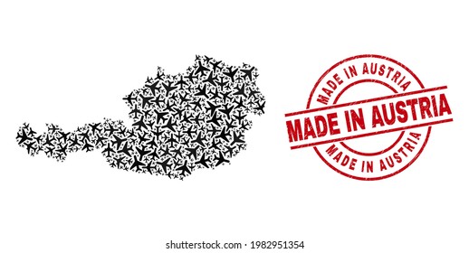 Hecha en Austria estampado y en Austria cartografía mosaicos de elementos de los vehículos a reacción. Mapa de Austria del Mosaico creado de vehículos a chorro. Sello rojo con texto hecho en Austria y textura de caucho de socorro.