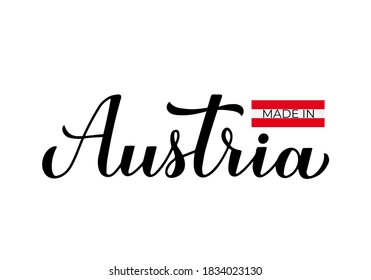 Hergestellt in Österreich handgeschriebenes Etikett. Qualitätszeichen, Vektorsymbol. Kalligraphie-Handschrift. Ideal für Logo-Design, Tags, Badges, Aufkleber, Emblem, Produktpaket usw.