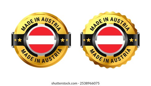 Made in Austria icon a gold circle with a picture of a flag in the middle. For icon, logo, label, insigna, seal, tag, sign, seal, symbol, badge, stamp, sticker, emblem, banner. Vector Illustration