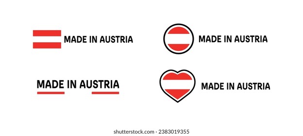 Iconos hechos en Austria. Plano, color, emblemas hechos en Austria, hechos en la bandera austriaca, corazón. Iconos del vector
