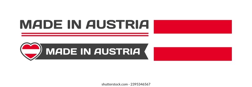 Made in Austria icons. National flag of Austria in the shape of a square, heart. Made in Austria national flag. Vector icons