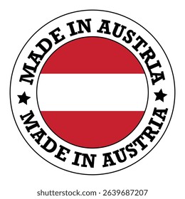 made in Austria label with Austrian flag design, circular badge for product origin identification and authenticity verification