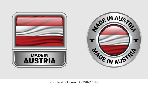 Made in Austria label icon set in silver color, featuring both rectangular and circular designs. Includes the austria flag icon, ideal for business and product branding