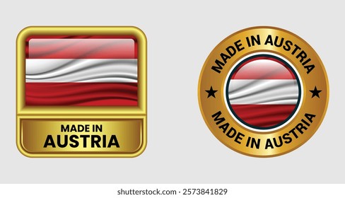 Made in Austria label icon set in gold color, featuring both rectangular and circular designs. Includes the Austria flag icon, ideal for business and product branding