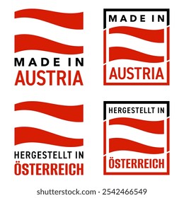 Made in Austria - Garantieaufkleber und Qualitätsproduktion mit österreichischer Nationalflagge - schwarz-rot-gelb. Dekoratives quadratisches Vektorabzeichen