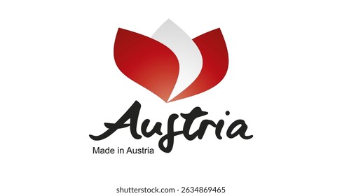 Made in Austria logo, sticker. Abstract Austria flag and ribbon in shape of leaf flower with handwritten typography lettering