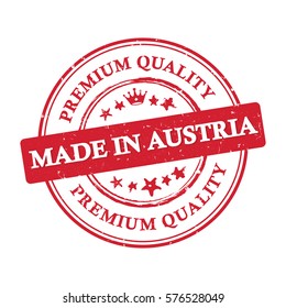 Made in Austria, Premium quality, because we care - label / icon / badge. Print colors (CMYK) used