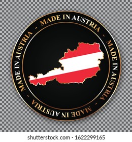 MADE IN AUSTRIA - round vector banner with golden map of Austria on black background
