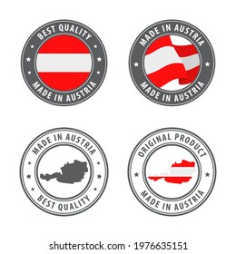 Made in Austria - set of labels, stamps, badges, with the Austria map and flag. Best quality. Original product. Vector illustration