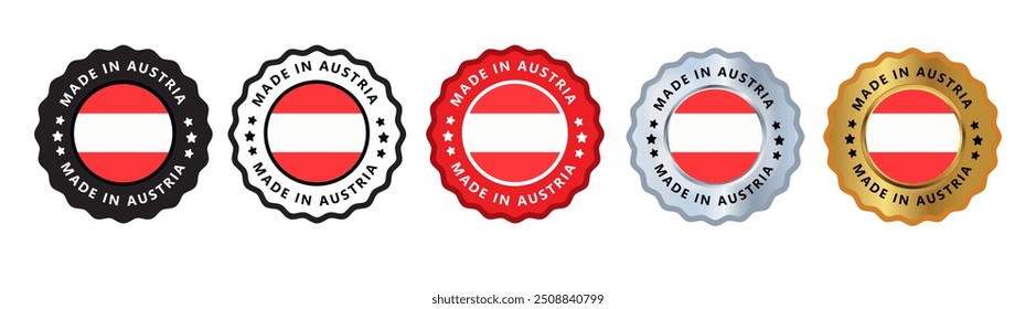 Feito na áustria conjunto de selo de assinatura emblema, com cor variana vermelho, prata, ouro, preto adequado para produtos fabricados, militar, agricultura ou ilustração de vetor alimentar eps texto editável