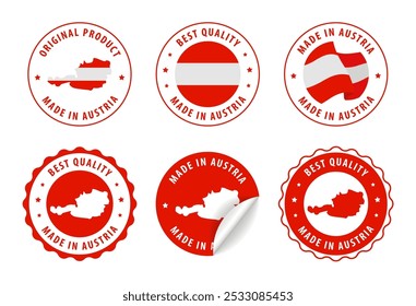 Made in Austria - set of stamps and stickers with map and flag. Best quality. Original product. Vector illustration.