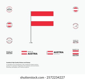 Made in Austria Stamps, Flag, Tags, labels, Seals, Icons. Creative Designs for Branding and Packaging