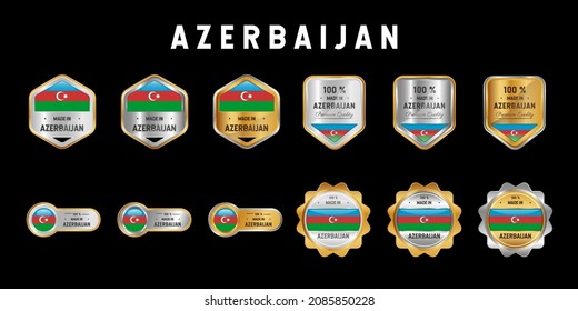 Made in Azerbaijan Label, Stamp, Badge, or Logo. With The National Flag of Azerbaijan. On platinum, gold, and silver colors. Premium and Luxury Emblem