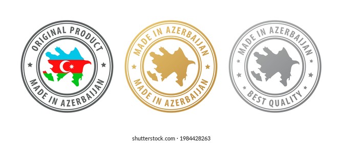 Made in Azerbaijan - set of stamps with map and flag. Best quality. Original product. Vector illustration