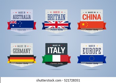 Feito em conjunto de crachás. Emblemas da Austrália, Grã-Bretanha, China, Alemanha, Itália e Europa. Ilustração vetorial em estilo plano.