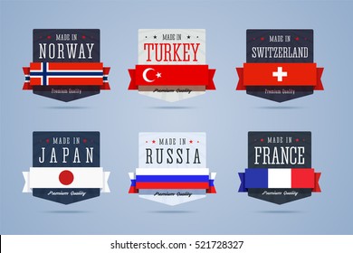 Made in badges set. Norway, Turkey, Switzerland, Japan, Russia and France emblems. Vector illustration in flat style.