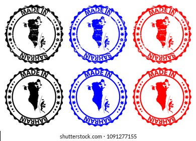 Made in Bahrain - rubber stamp - vector, Kingdom of Bahrain map pattern - black, blue and red