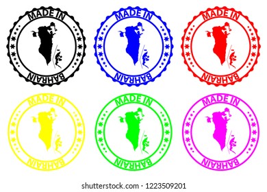 Made in Bahrain - rubber stamp - vector, Kingdom of Bahrain map pattern - black, blue, green, yellow, purple and red