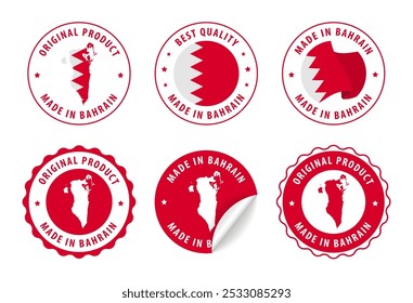 Made in Bahrain - set of labels, stamps, badges, with the Bahrain map and flag. Best quality. Original product. Vector illustration