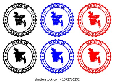 Made in Bangladesh - rubber stamp - vector,  People's Republic of Bangladesh map pattern - black, blue and red