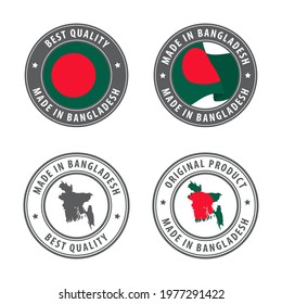 Made in Bangladesh - set of labels, stamps, badges, with the Bangladesh map and flag. Best quality. Original product. Vector illustration