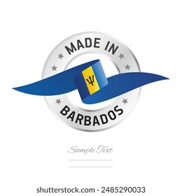 Made in Barbados. Barbados flag ribbon with circle silver ring seal stamp icon. Barbados sign label vector isolated on white background