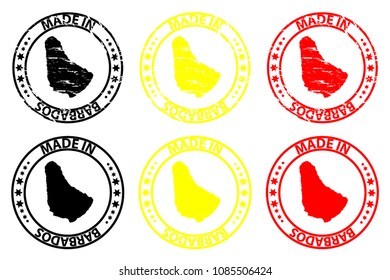 Made in Barbados - rubber stamp - vector, Barbados map pattern - black, yellow and red