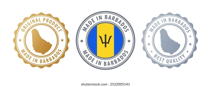 Made in Barbados - set of stamps with map and flag. Best quality. Original product. Vector illustration