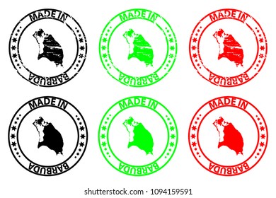 Made in Barbuda - rubber stamp - vector, Barbuda map pattern - black, green and red