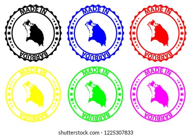 Made in Barbuda - rubber stamp - vector, Barbuda map pattern - black, blue, green, yellow, purple and red