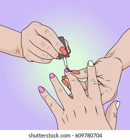 Made beauty salon manicure. Cost savings. Caring for fingernails pop art retro style