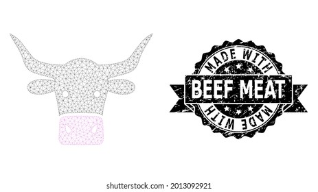 Made With Beef Meat scratched seal and vector beef head mesh model. Black stamp has Made with Beef Meat text inside ribbon and rosette. Abstract flat mesh beef head, created from flat mesh.