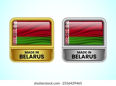 Made in Belarus label icon in gold and silver color. Flag icon set for business