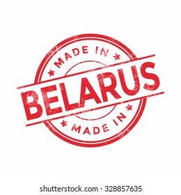 Made in Belarus red vector graphic. Round rubber stamp isolated on white background. With vintage texture.