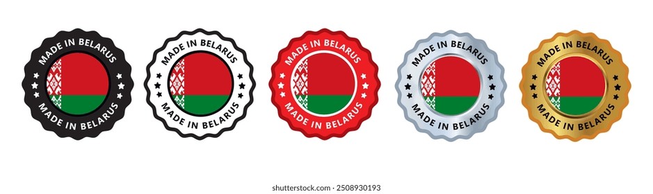 Made in belarus set of sign stamp badge, with varian color red, silver, gold, black suitable for products manufactured, military, agriculture or food vector illustration eps editable text