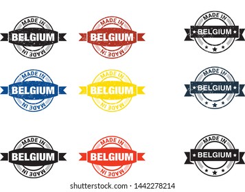 Made in Belgium  collection of ribbon, label, stickers, badge, icon and page curl with Belgium  flag symbol. Vector illustration isolated on white background.  Stamp with Made in Belgium  text.